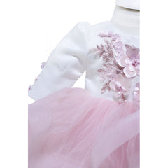 Rochie alb-roz cu volanase si aplicatii florale pentru botez, 2 piese, rochie, bentita, REC843