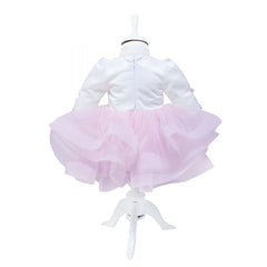 Rochie alb-roz cu volanase si aplicatii florale pentru botez, 2 piese, rochie, bentita, REC843