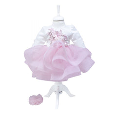 Rochie alb-roz cu volanase si aplicatii florale pentru botez, 2 piese, rochie, bentita, REC843