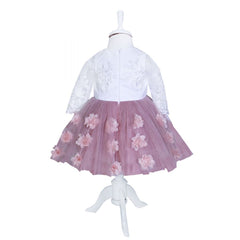 Rochie alb-roz pudrat cu aplicatii florale decorative pentru botez, 2 piese, rochie, bentita, REC835