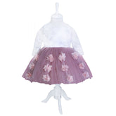 Rochie alb-roz pudrat cu aplicatii florale decorative pentru botez, 2 piese, rochie, bentita, REC835