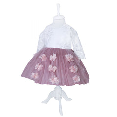 Rochie alb-roz pudrat cu aplicatii florale decorative pentru botez, 2 piese, rochie, bentita, REC835