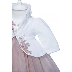 Rochie alb-roz pudrat pentru botez, 4 piese, rochie, bolero, turban, pantaloni pentru fetite, REC1165