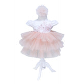 Rochie alb-somon cu broderie pentru botez, 2 piese, rochie, bentita pentru fetite, REC1390