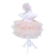 Rochie alb-somon cu broderie pentru botez, 2 piese, rochie, bentita pentru fetite, REC1390