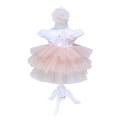 Rochie alb-somon cu broderie pentru botez, 2 piese, rochie, bentita pentru fetite, REC1390