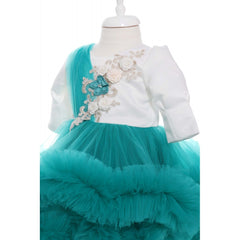 Rochie alb-verde menta cu volanase si broderie aplicata pentru botez, 2 piese, rochie si bentita, Recostore, REC1687