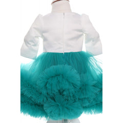 Rochie alb-verde menta cu volanase si broderie aplicata pentru botez, 2 piese, rochie si bentita, Recostore, REC1687