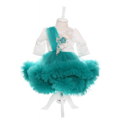 Rochie alb-verde menta cu volanase si broderie aplicata pentru botez, 2 piese, rochie si bentita, Recostore, REC1687