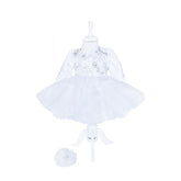 Rochie alba cu aplicatii florale decorative si volanase pentru botez, 2 piese, rochie, bentita, REC842