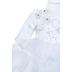 Rochie alba cu aplicatii florale decorative si volanase pentru botez, 2 piese, rochie, bentita, REC842