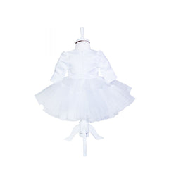 Rochie alba cu aplicatii florale decorative si volanase pentru botez, 2 piese, rochie, bentita, REC842