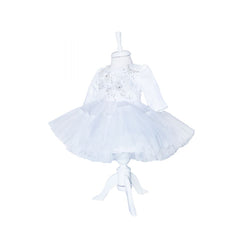 Rochie alba cu aplicatii florale decorative si volanase pentru botez, 2 piese, rochie, bentita, REC842