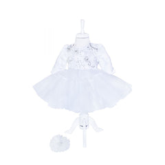 Rochie alba cu aplicatii florale decorative si volanase pentru botez, 2 piese, rochie, bentita, REC842