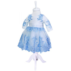 Rochie alba cu broderie bleu pentru botez, 2 piese, rochie, bentita, REC831