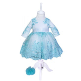 Rochie alba cu broderie verde menta pentru botez, 2 piese, rochie, bentita, REC832