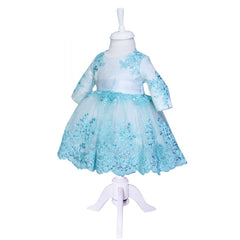 Rochie alba cu broderie verde menta pentru botez, 2 piese, rochie, bentita, REC832