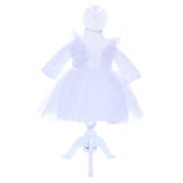 Rochie alba cu buline pentru botez, 2 piese, rochie si bentita, Recostore, REC1701