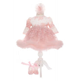 Rochie alba cu dantela roz, pentru botez, 3 piese, rochie, bentita si pantofiori, Recostore, REC1912