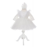 Rochie alba cu pene pentru botez, 2 piese, rochie si bentita, Recostore, REC1693