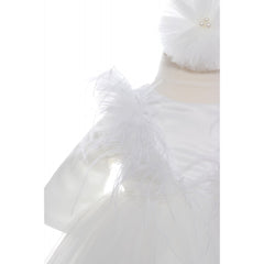 Rochie alba cu pene pentru botez, 2 piese, rochie si bentita, Recostore, REC1693