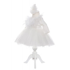 Rochie alba cu pene pentru botez, 2 piese, rochie si bentita, Recostore, REC1693