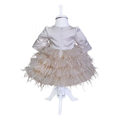 Rochie bej cu pene pentru botez, 2 piese, rochie, bentita, REC833