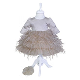 Rochie bej cu pene pentru botez, 2 piese, rochie, bentita, REC833