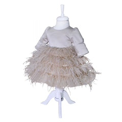 Rochie bej cu pene pentru botez, 2 piese, rochie, bentita, REC833