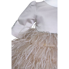 Rochie bej cu pene pentru botez, 2 piese, rochie, bentita, REC833