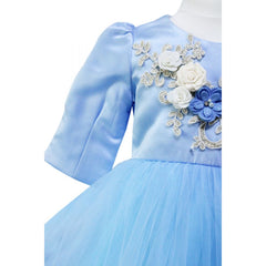 Rochie bleu cu aplicatii florale decorative si volanase pentru botez, 2 piese, rochie, bentita, REC841