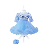 Rochie bleu cu aplicatii florale decorative si volanase pentru botez, 2 piese, rochie, bentita, REC841