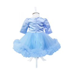 Rochie bleu cu aplicatii florale decorative si volanase pentru botez, 2 piese, rochie, bentita, REC841