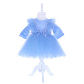 Rochie bleu cu pene pentru botez, 2 piese, rochie si bentita, Recostore, REC1690