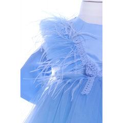 Rochie bleu cu pene pentru botez, 2 piese, rochie si bentita, Recostore, REC1690