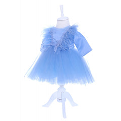 Rochie bleu cu pene pentru botez, 2 piese, rochie si bentita, Recostore, REC1690