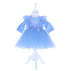 Rochie bleu cu pene pentru botez, 2 piese, rochie si bentita, Recostore, REC1690