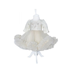 Rochie crem cu aplicatii florale decorative pentru botez, 2 piese, rochie, bentita, REC839