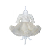 Rochie crem cu aplicatii florale decorative pentru botez, 2 piese, rochie, bentita, REC839