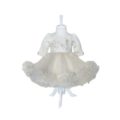 Rochie crem cu aplicatii florale decorative pentru botez, 2 piese, rochie, bentita, REC839