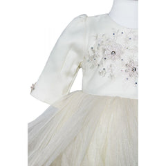 Rochie crem cu aplicatii florale decorative pentru botez, 2 piese, rochie, bentita, REC839