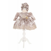 Rochie crem cu broderie pentru botez, 2 piese, rochie, turban, REC1898