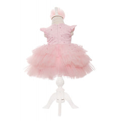 Rochie cu maneca scurta roz deschis pentru botez de fete, 2 piese, rochie, bentita, Recostore, REC2024