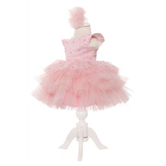 Rochie cu maneca scurta roz deschis pentru botez de fete, 2 piese, rochie, bentita, Recostore, REC2024