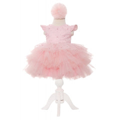 Rochie cu maneca scurta roz deschis pentru botez de fete, 2 piese, rochie, bentita, Recostore, REC2024