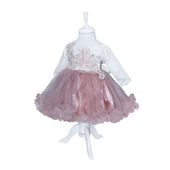 Rochie de culoare alb-roz pudrat din satin si tulle pentru botez, 2 piese, rochie si bentita, REC1174