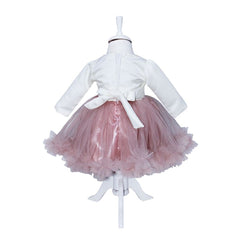 Rochie de culoare alb-roz pudrat din satin si tulle pentru botez, 2 piese, rochie si bentita, REC1174