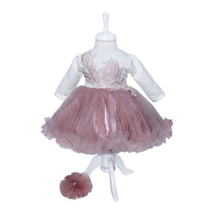 Rochie de culoare alb-roz pudrat din satin si tulle pentru botez, 2 piese, rochie si bentita, REC1174