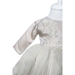 Rochie de culoare crem din satin si tulle pentru botez, 2 piese, rochie si bentita, REC1175