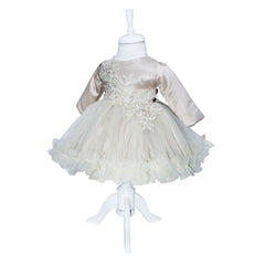 Rochie de culoare crem din satin si tulle pentru botez, 2 piese, rochie si bentita, REC1175
